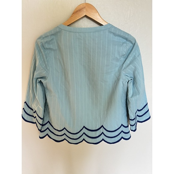 Boden Willa Flowy Peasant Blue Tassel Scalloped Hem Lined Top Boho Flirty Sz 6 - Picture 3 of 16